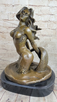 Signed Sexy Nude Mermaid Bronze Sculpture Mythical Marble