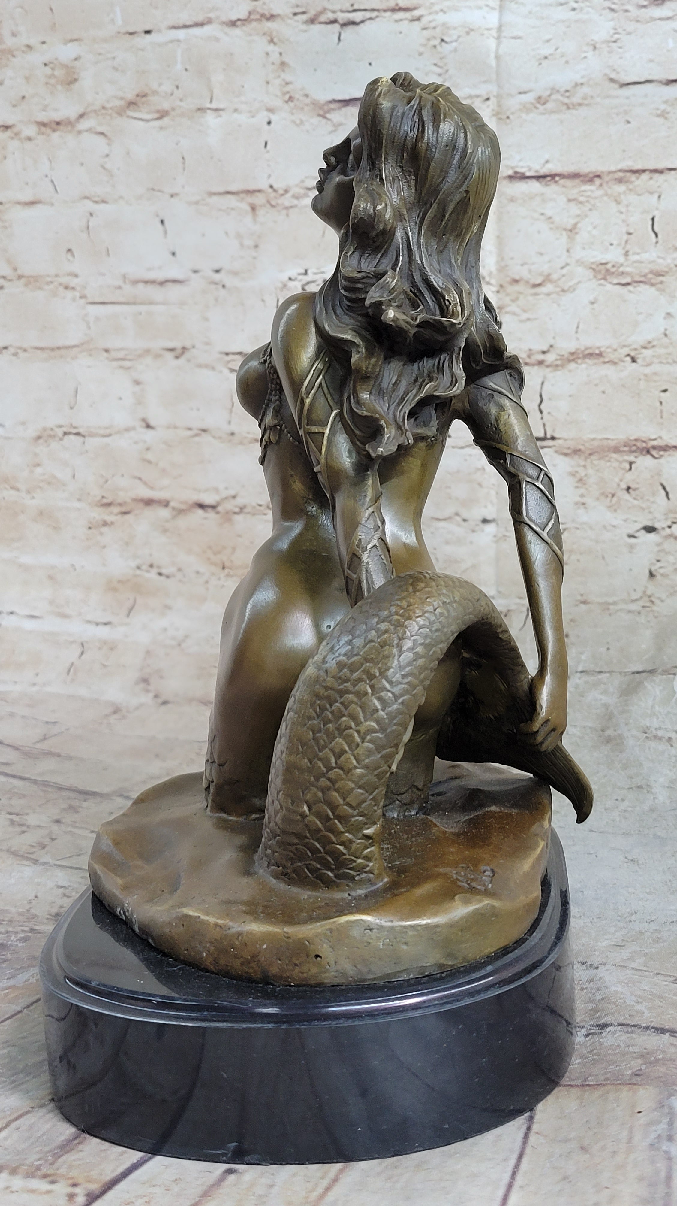 Signed Sexy Nude Mermaid Bronze Sculpture Mythical Marble