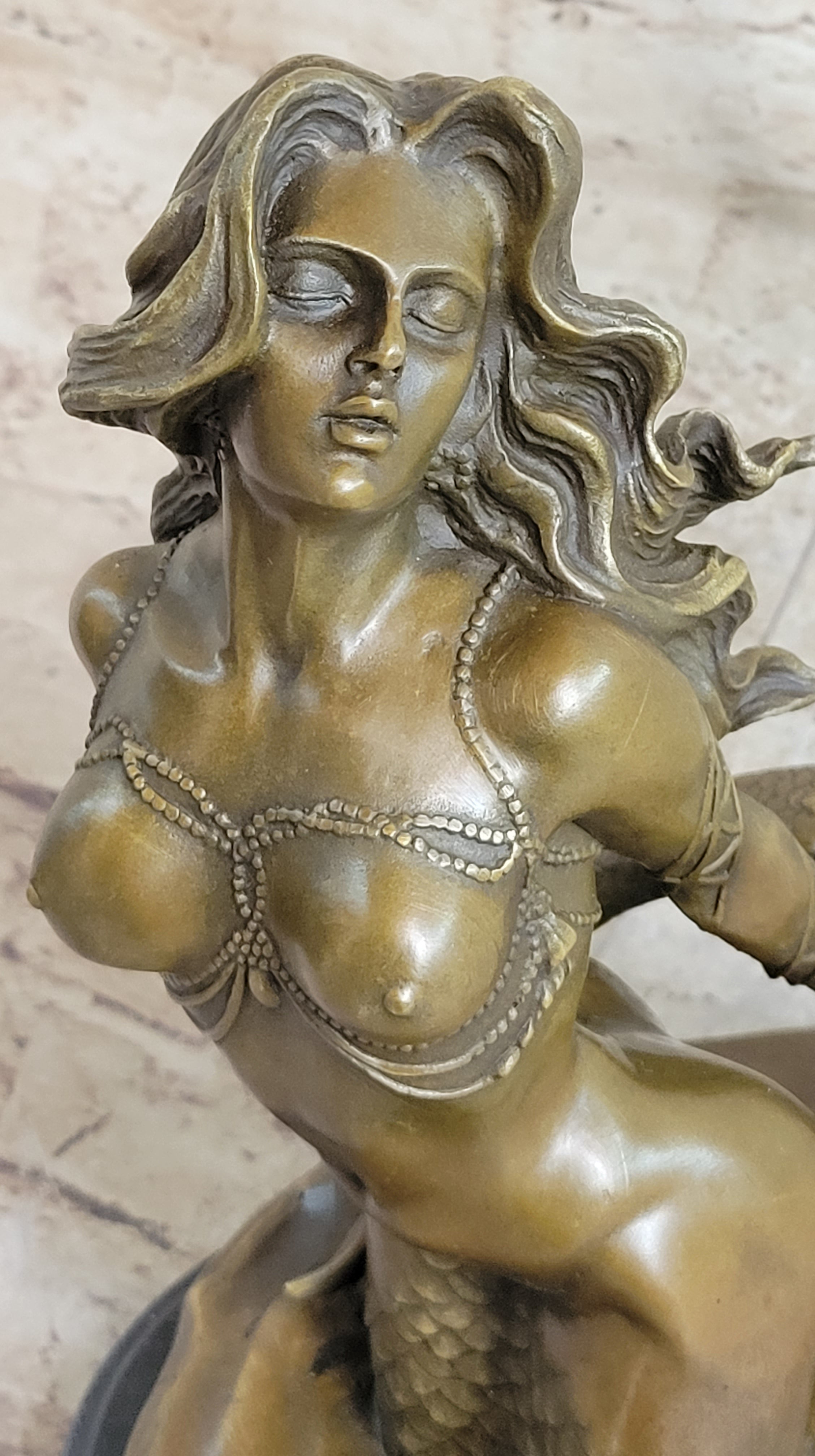 Signed Sexy Nude Mermaid Bronze Sculpture Mythical Marble