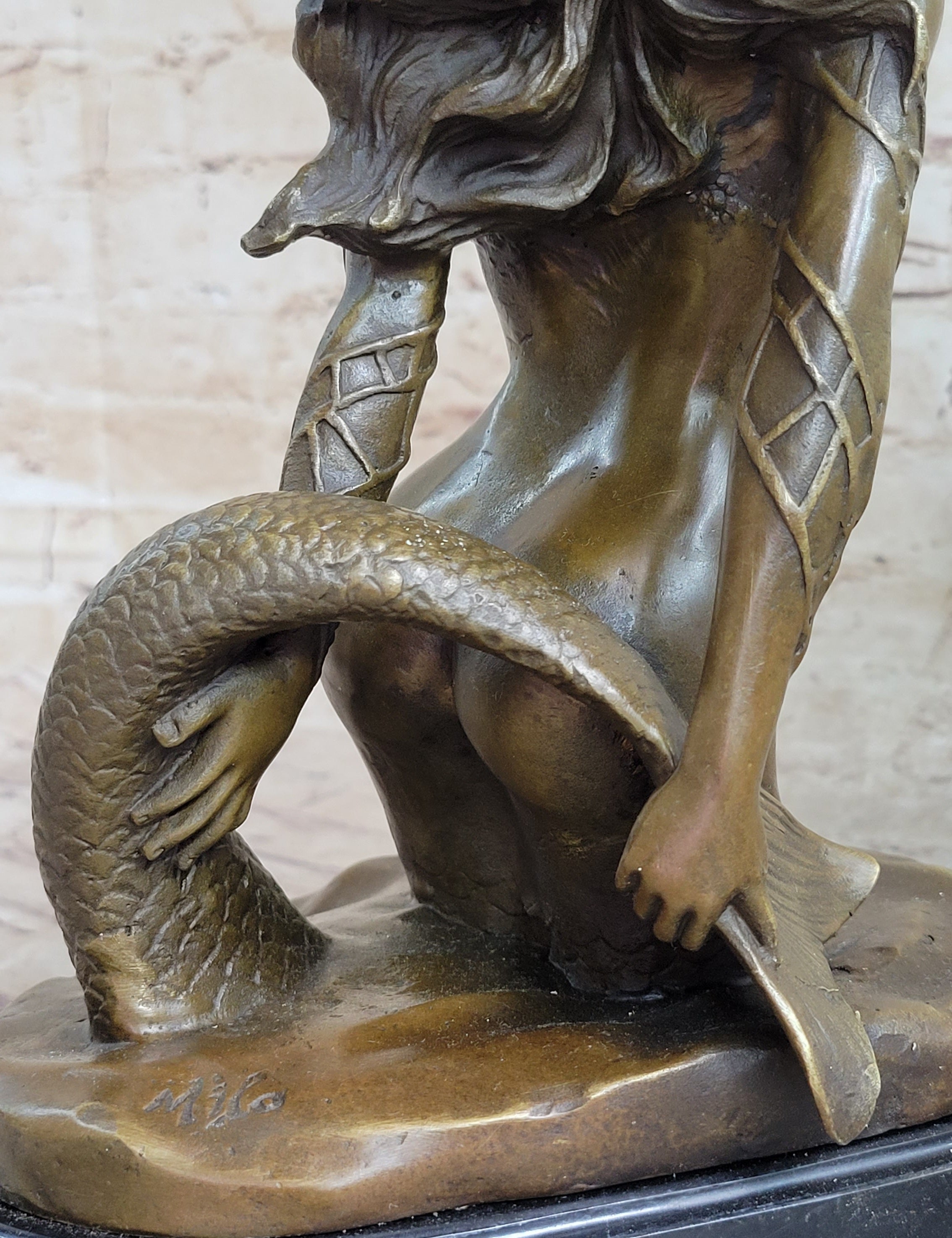 Signed Sexy Nude Mermaid Bronze Sculpture Mythical Marble