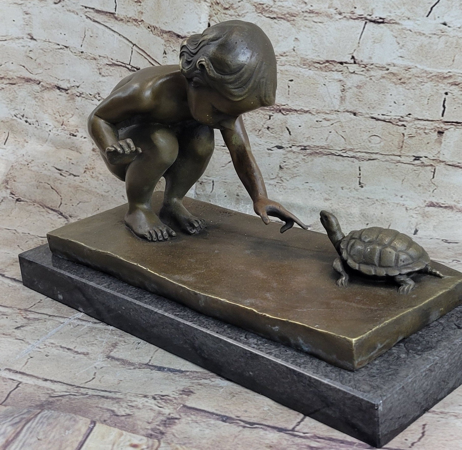 Signed Aldo Vitaleh Little Girl Playing With Turtle Bronze