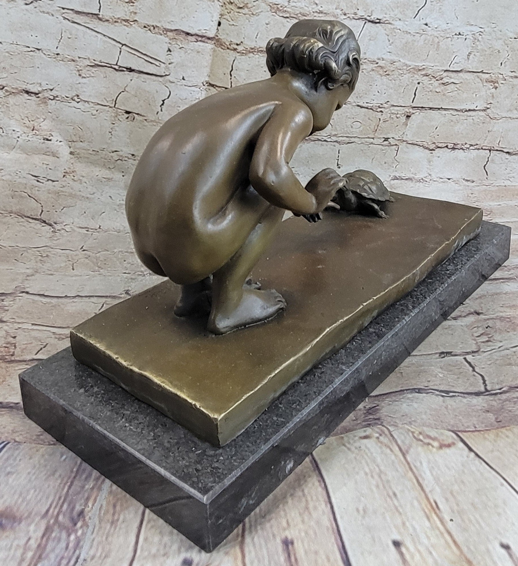 Signed Aldo Vitaleh Little Girl Playing With Turtle Bronze