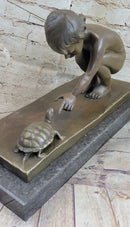 Signed Aldo Vitaleh Little Girl Playing With Turtle Bronze