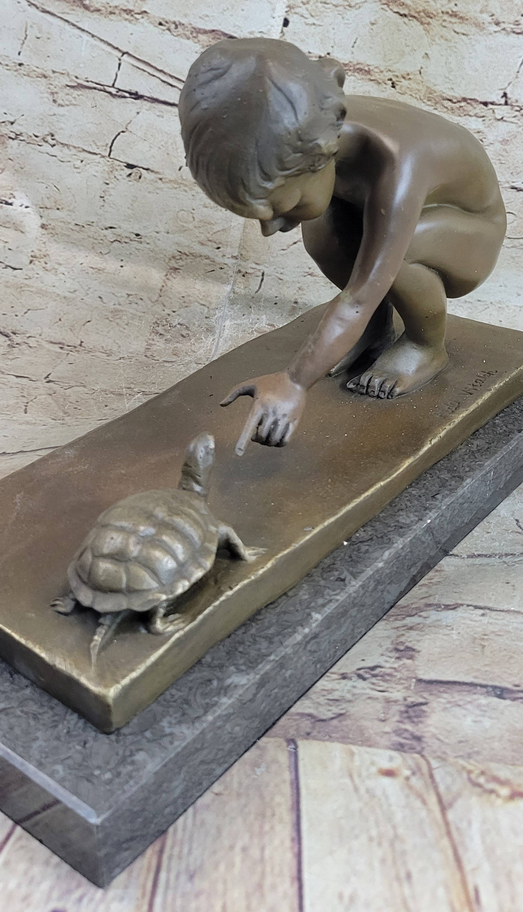 Signed Aldo Vitaleh Little Girl Playing With Turtle Bronze