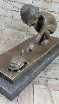 Signed Aldo Vitaleh Little Girl Playing With Turtle Bronze