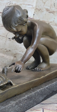 Signed Aldo Vitaleh Little Girl Playing With Turtle Bronze