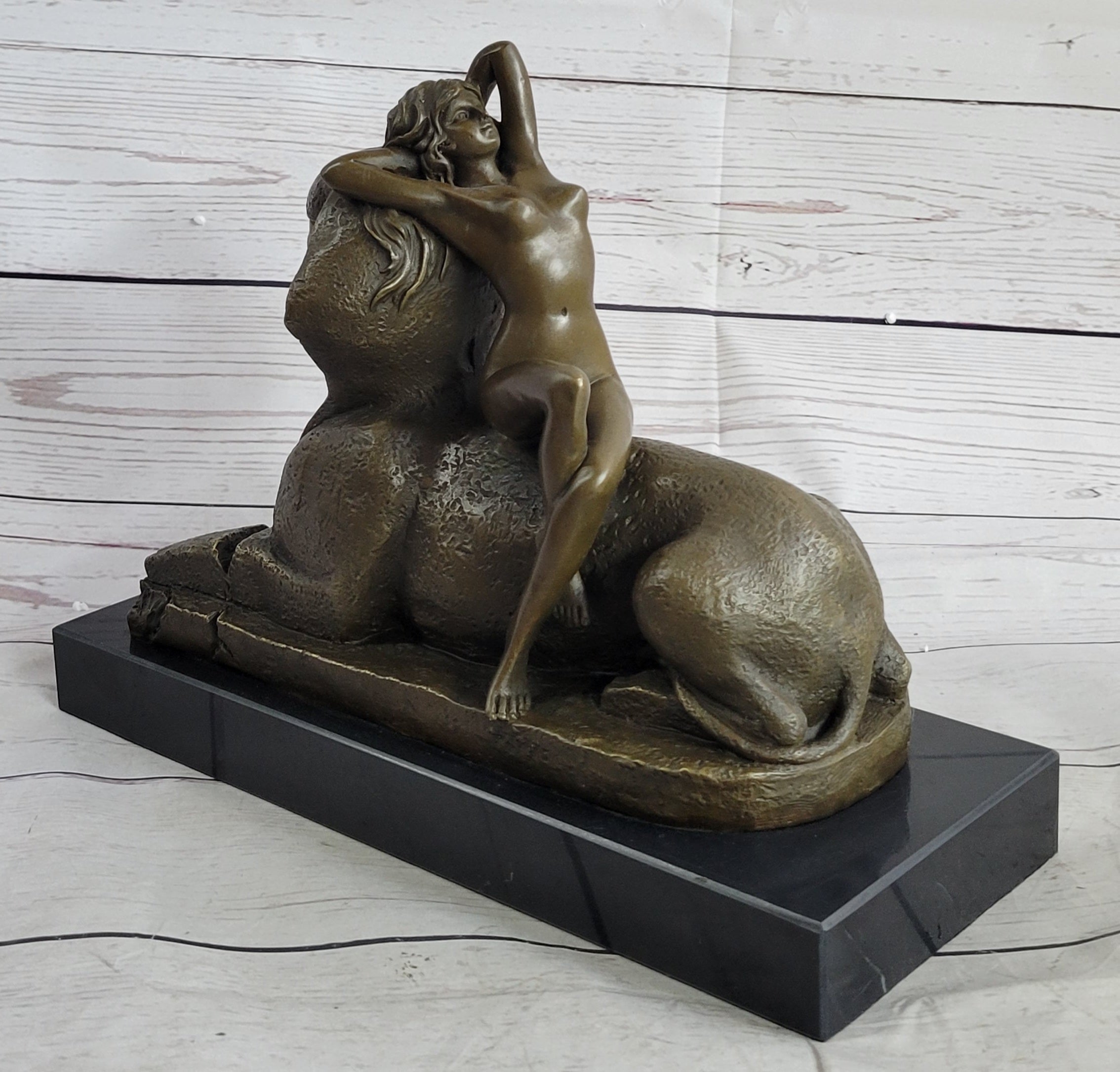 SPHINX by T. Herlinger (1904) Bronze Sculpture Statue Nude Female Figure Marble Base