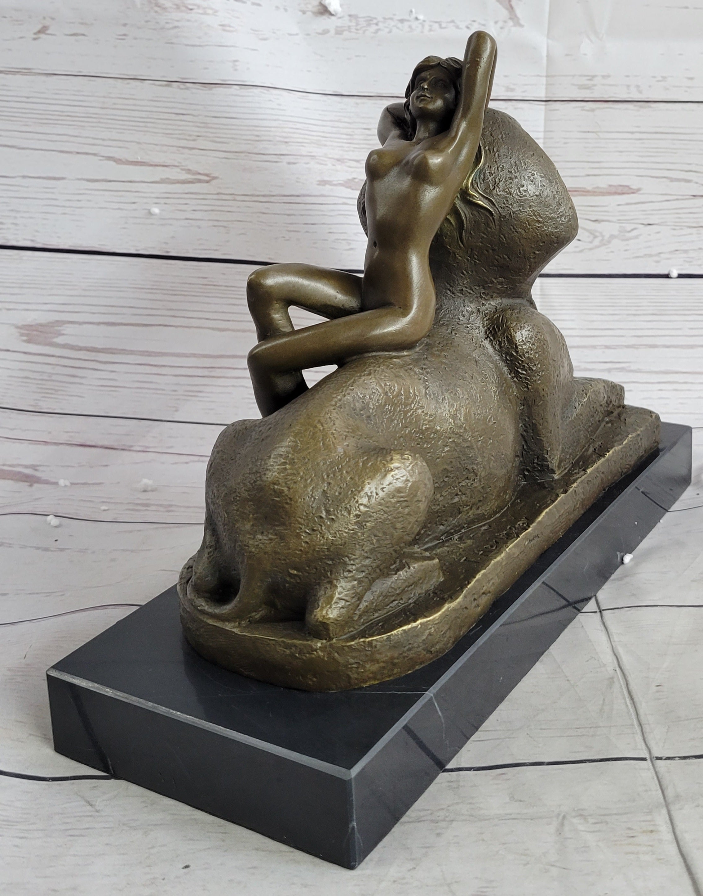 SPHINX by T. Herlinger (1904) Bronze Sculpture Statue Nude Female Figure Marble Base