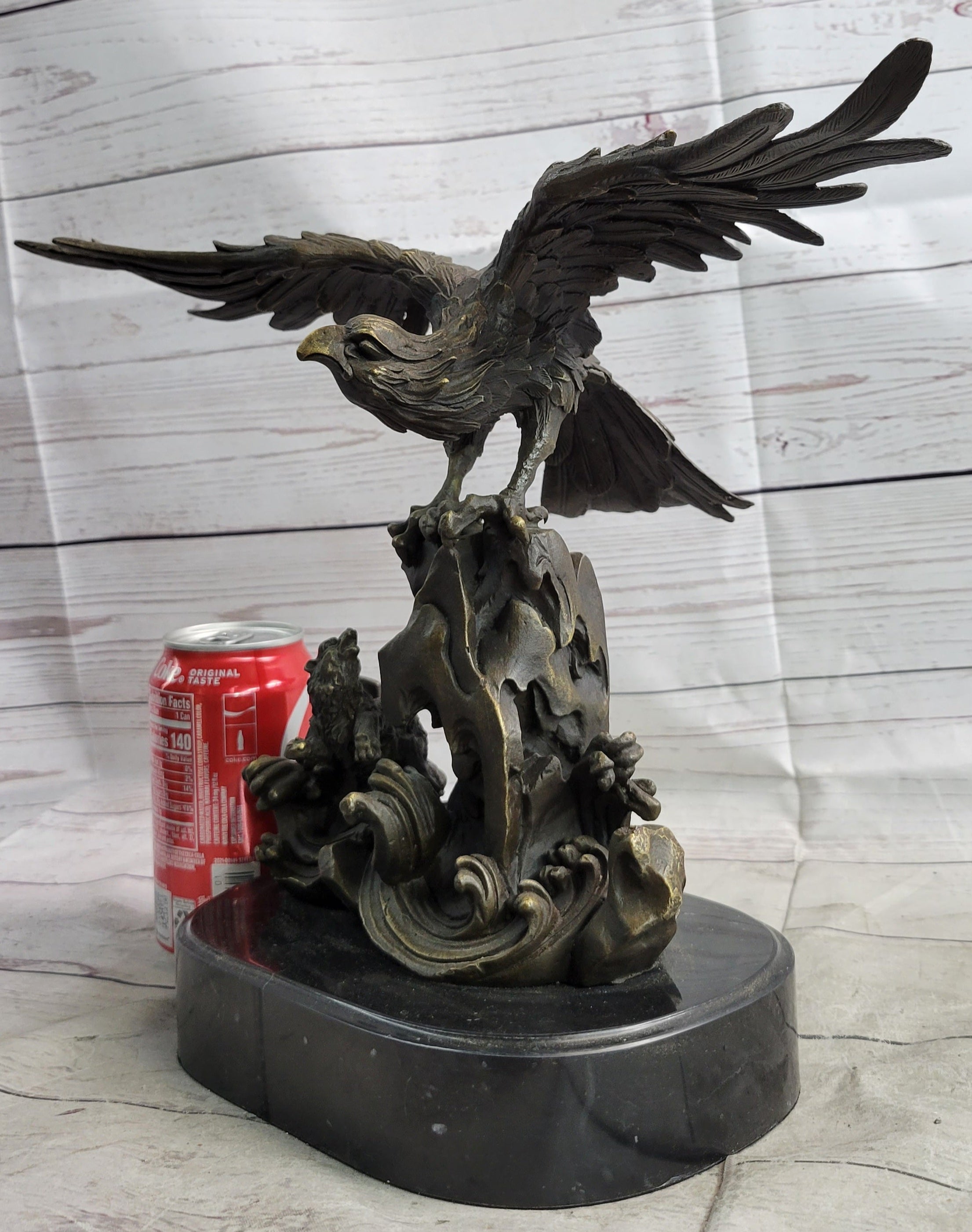 Eagle Landing on Waves Bronze Metal Sculpture Signed