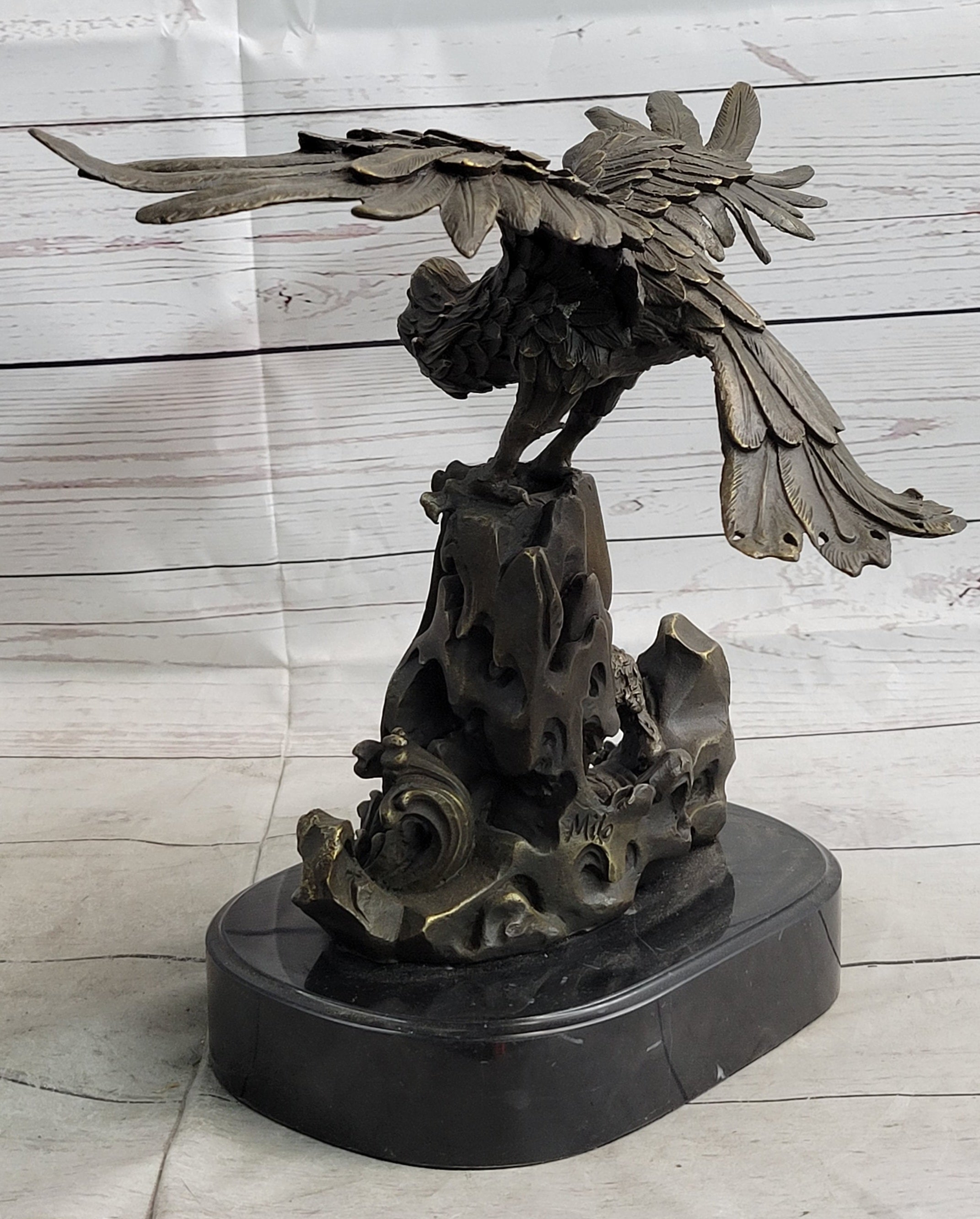 Eagle Landing on Waves Bronze Metal Sculpture Signed