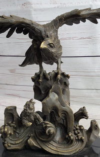 Eagle Landing on Waves Bronze Metal Sculpture Signed