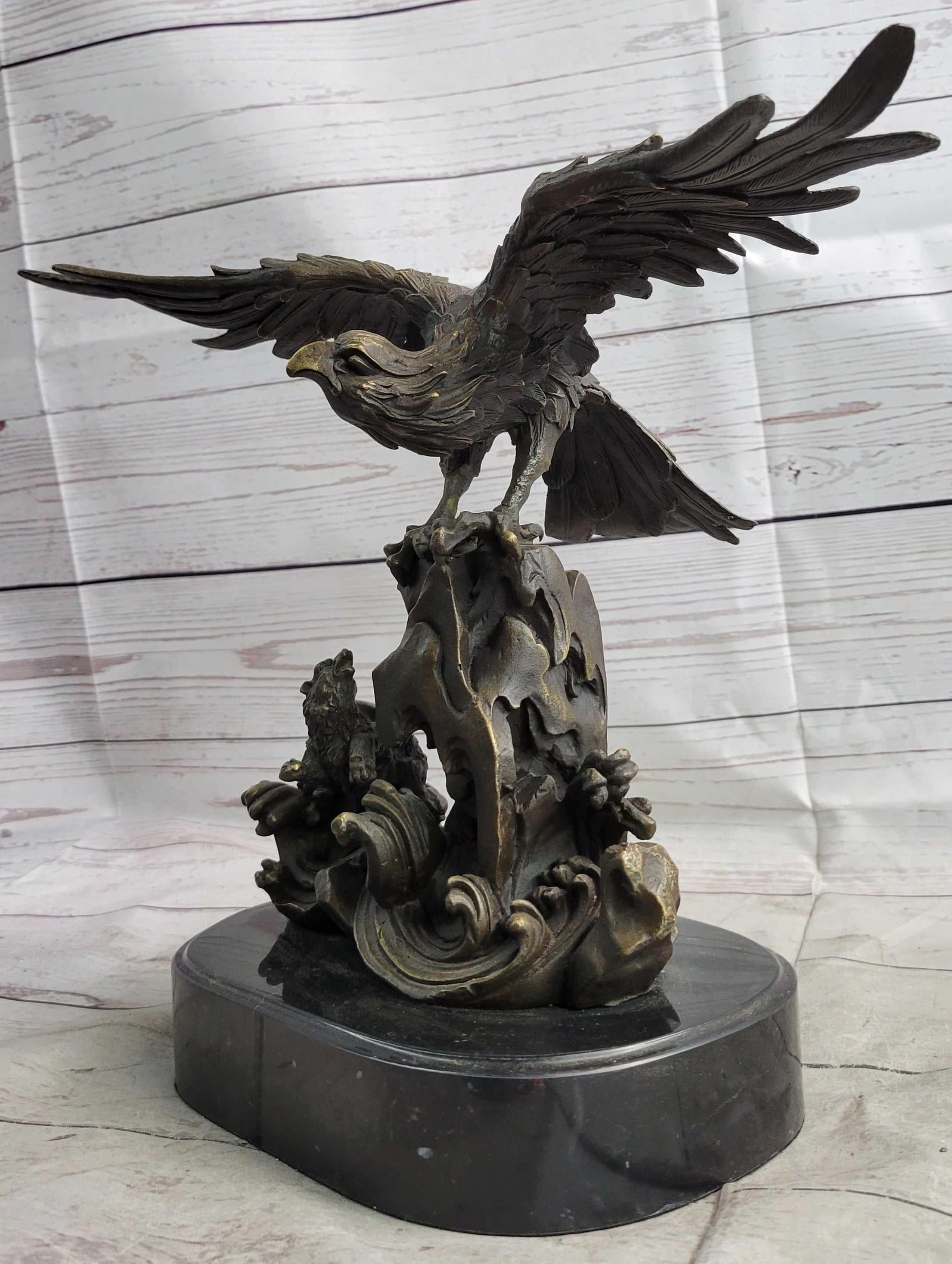 Eagle Landing on Waves Bronze Metal Sculpture Signed