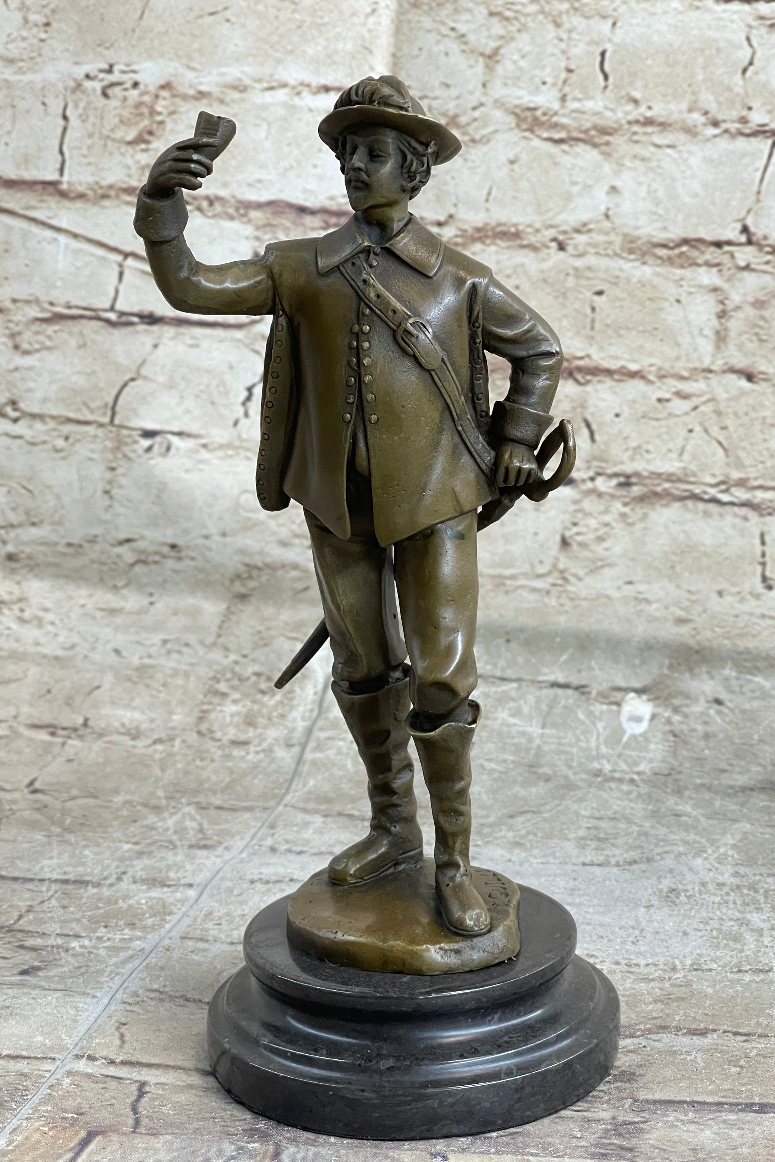 French Cavalry Officer Making a Toast w/ Wine Cup Bronze Statue Sculpture by Guillot