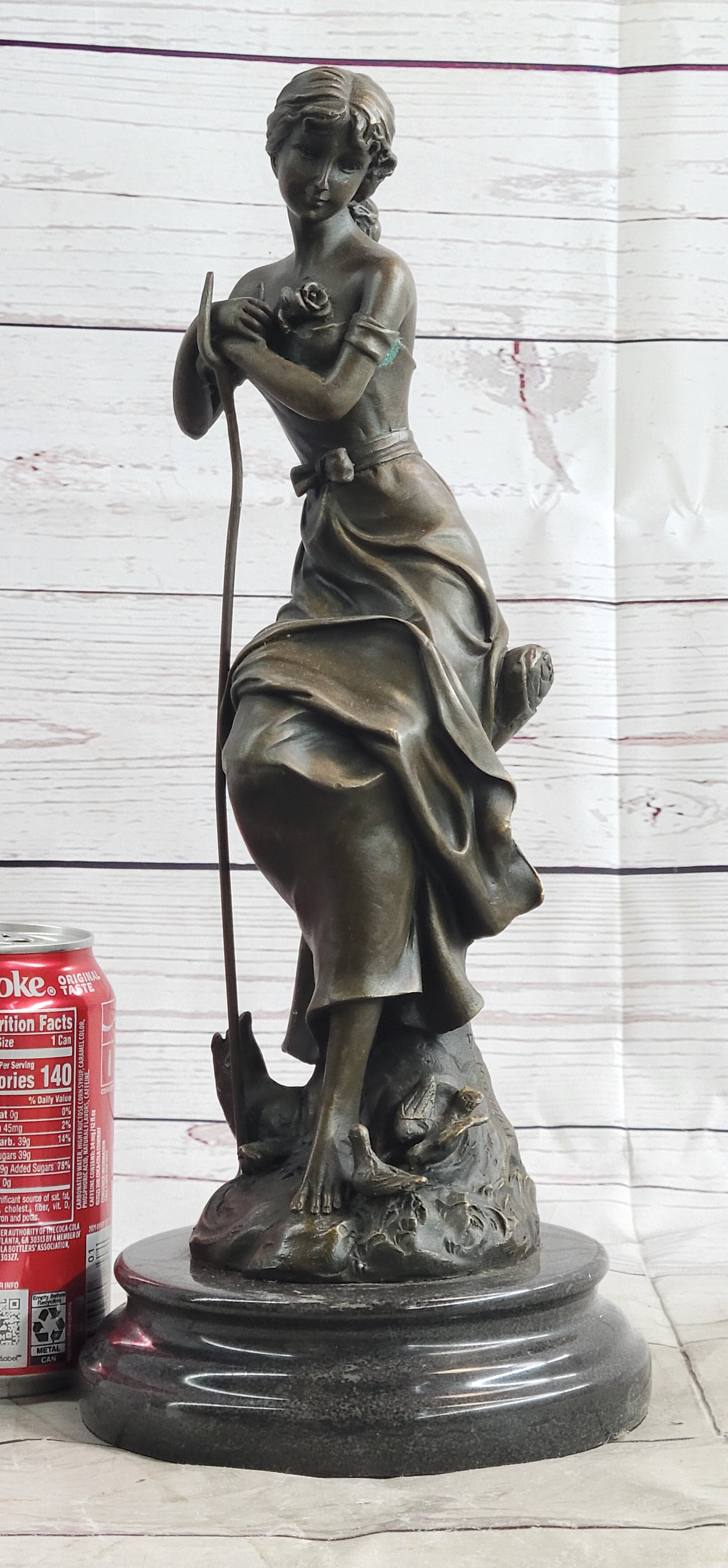 Art Nouveau Sexy Maiden Holding Rose Flower in Garden Bronze Sculpture