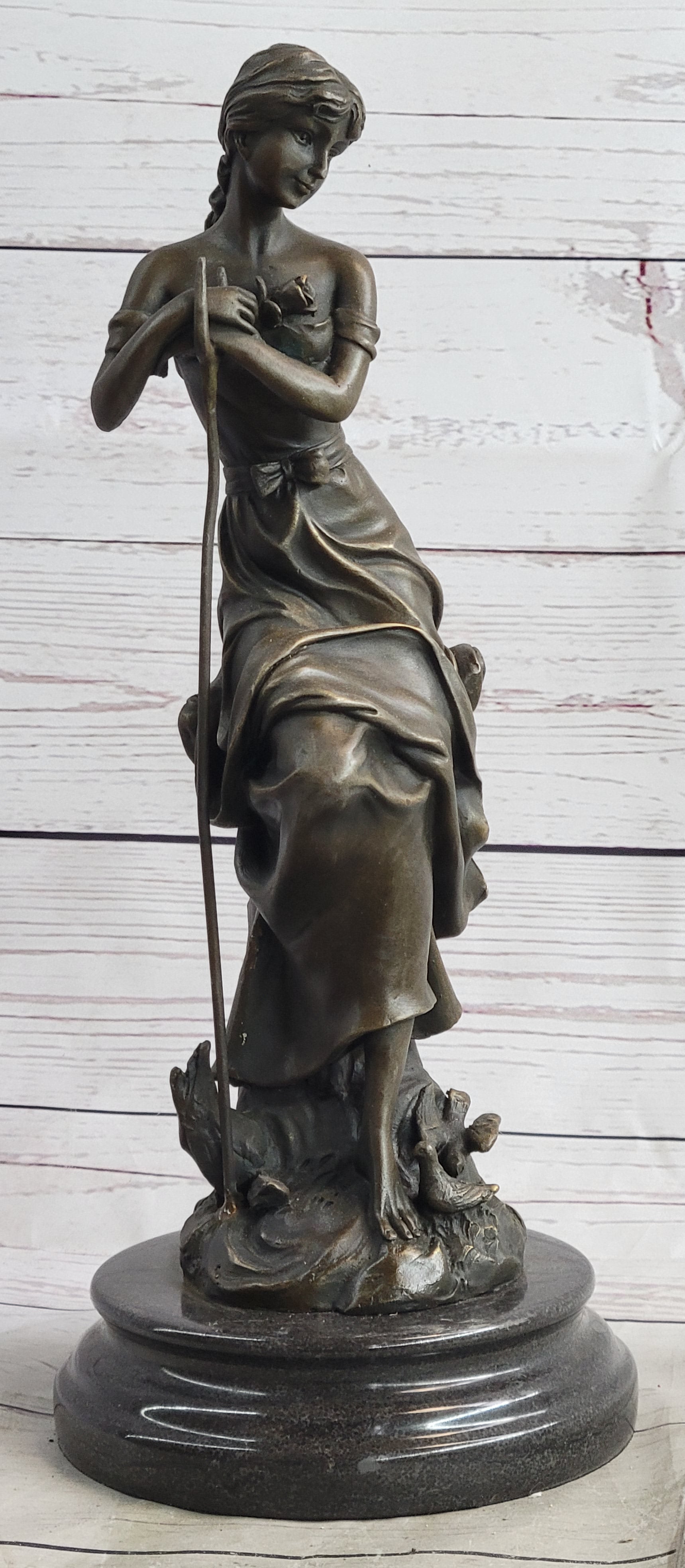 Art Nouveau Sexy Maiden Holding Rose Flower in Garden Bronze Sculpture