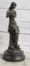 Art Nouveau Sexy Maiden Holding Rose Flower in Garden Bronze Sculpture