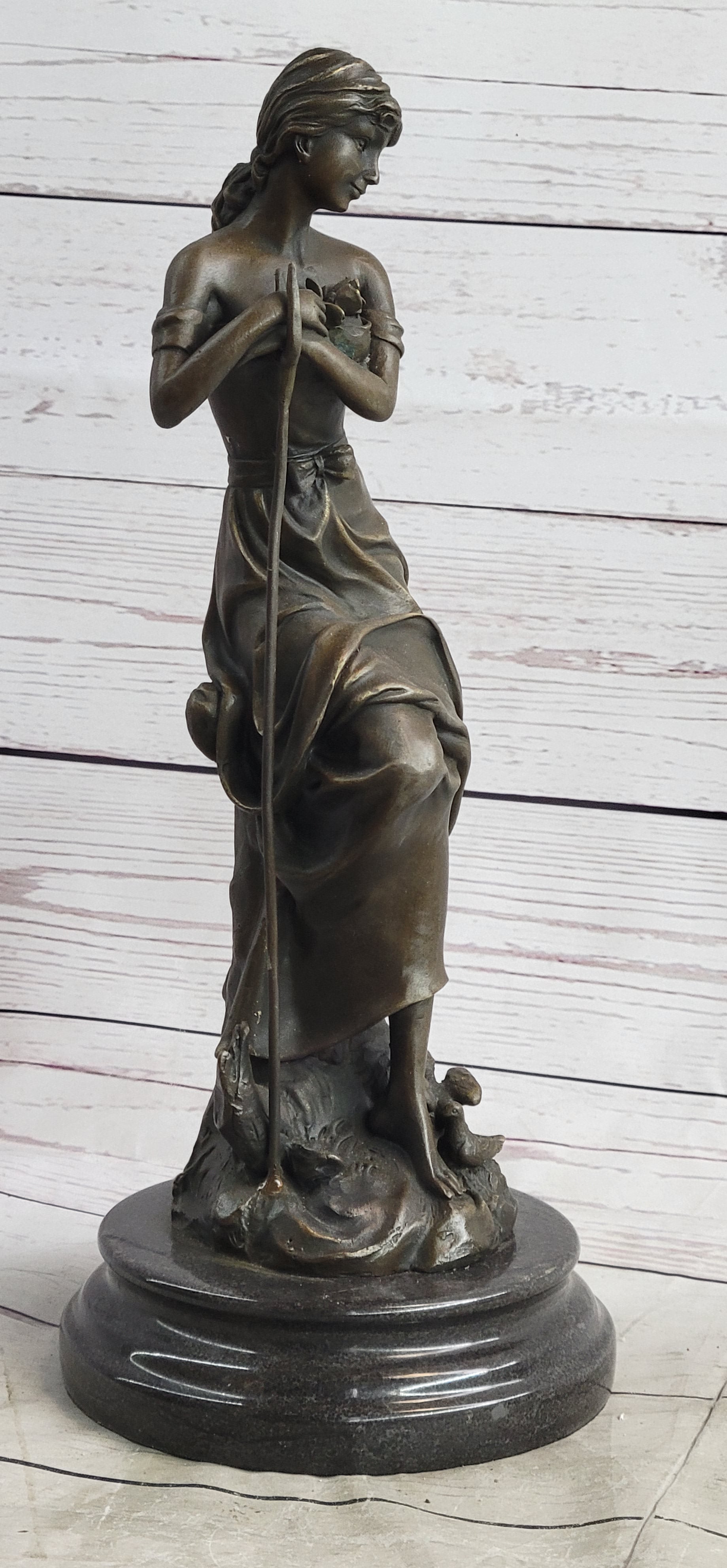 Art Nouveau Sexy Maiden Holding Rose Flower in Garden Bronze Sculpture