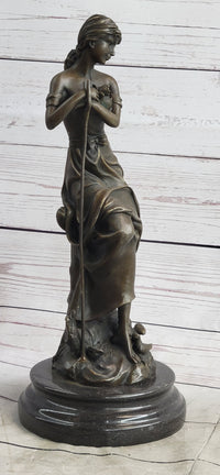 Art Nouveau Sexy Maiden Holding Rose Flower in Garden Bronze Sculpture