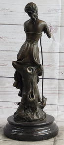 Art Nouveau Sexy Maiden Holding Rose Flower in Garden Bronze Sculpture