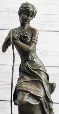 Art Nouveau Sexy Maiden Holding Rose Flower in Garden Bronze Sculpture