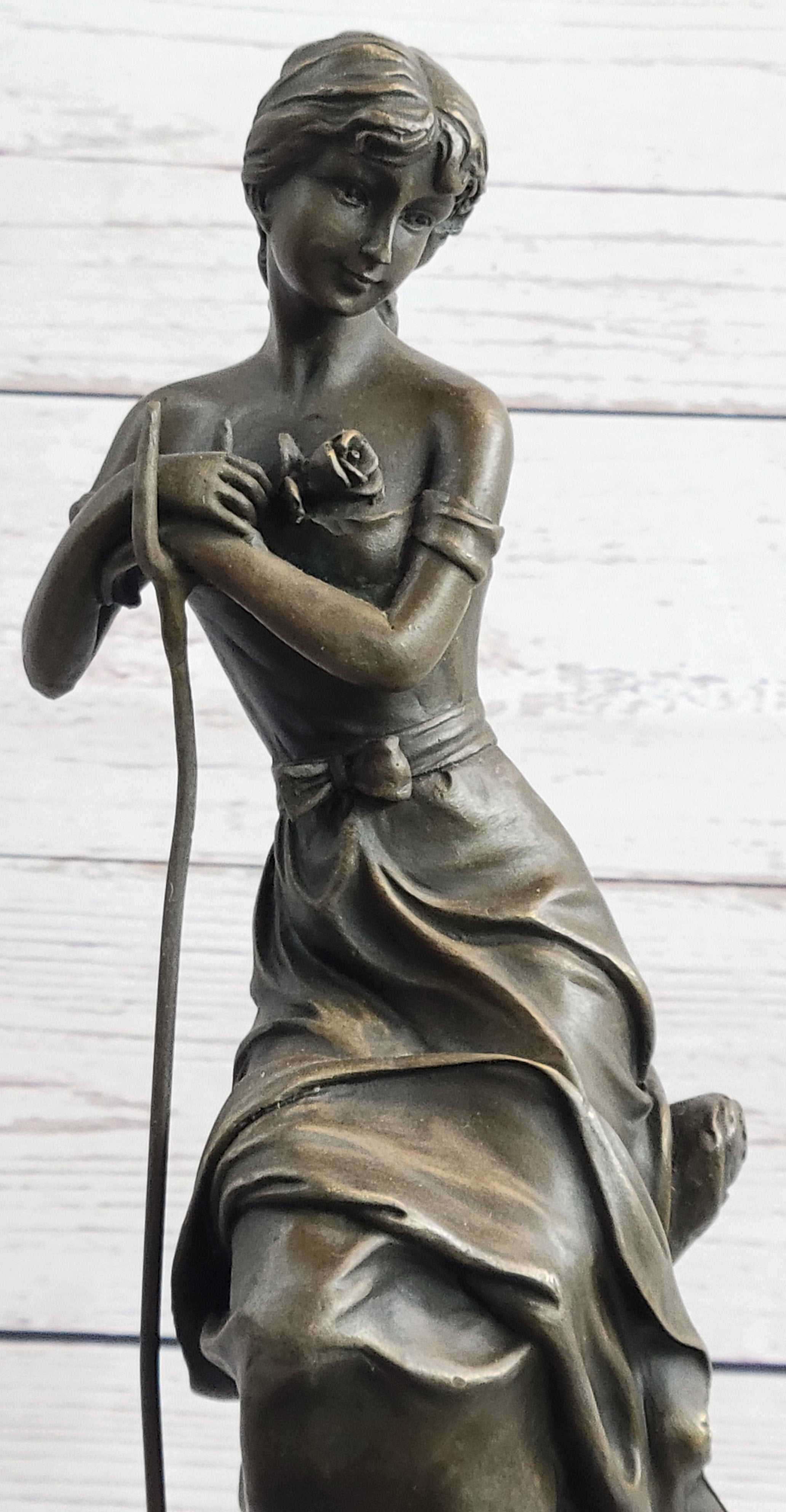 Art Nouveau Sexy Maiden Holding Rose Flower in Garden Bronze Sculpture