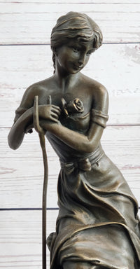 Art Nouveau Sexy Maiden Holding Rose Flower in Garden Bronze Sculpture