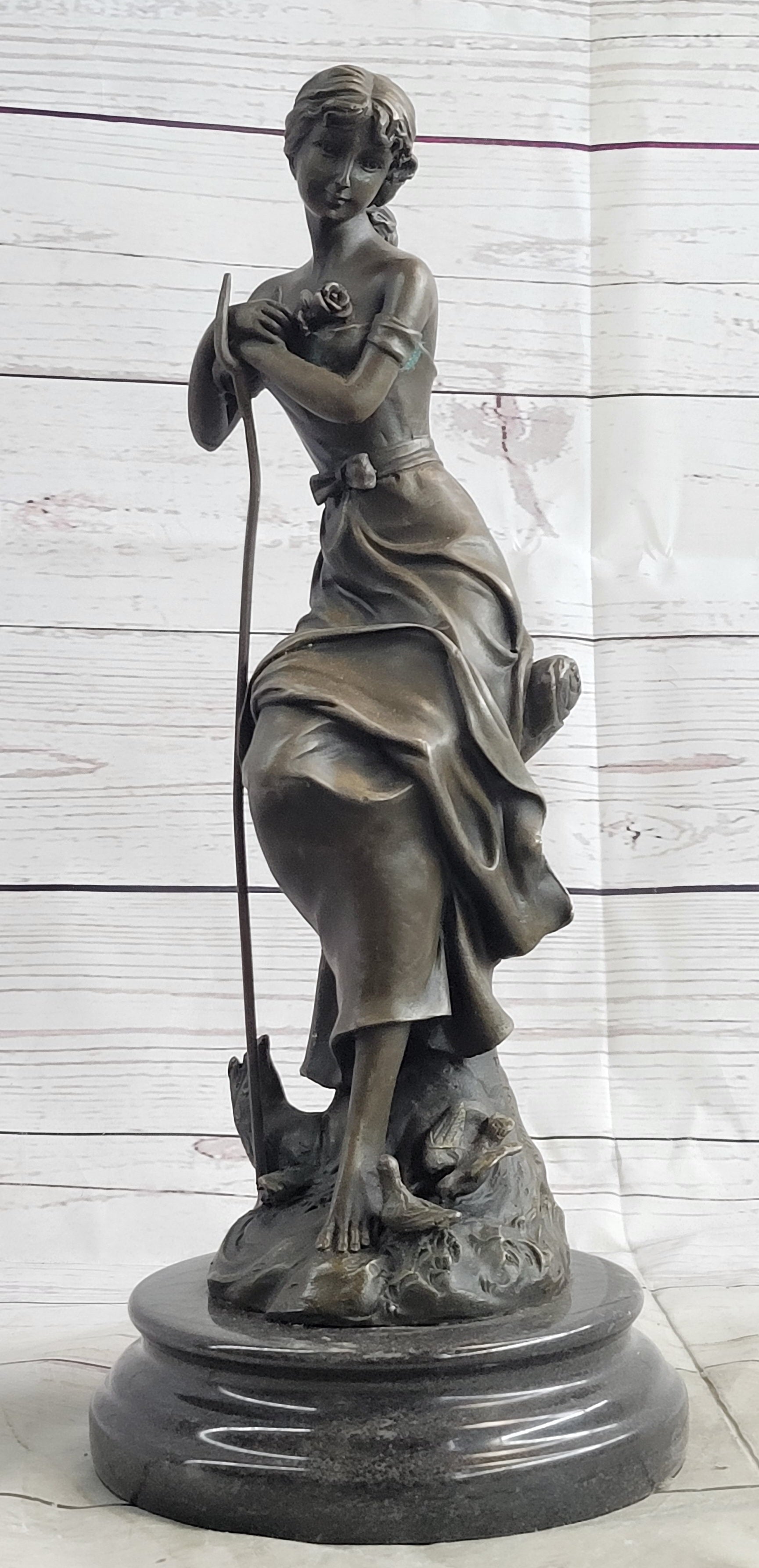Art Nouveau Sexy Maiden Holding Rose Flower in Garden Bronze Sculpture