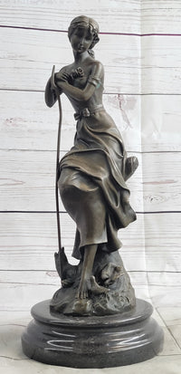 Art Nouveau Sexy Maiden Holding Rose Flower in Garden Bronze Sculpture