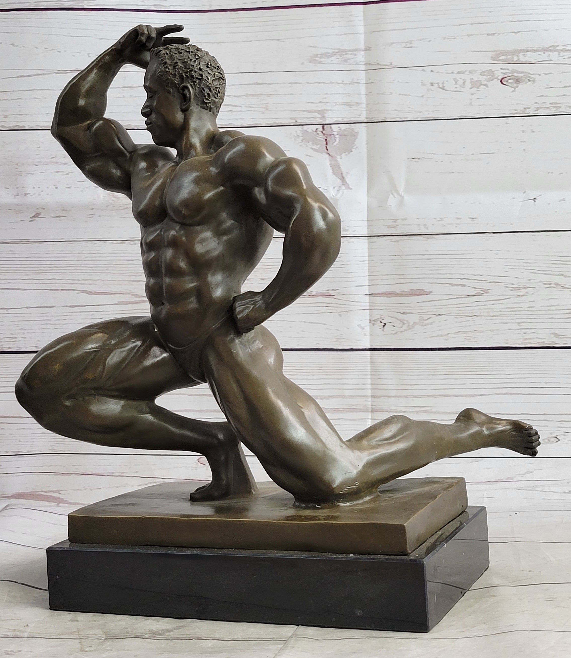 Iron Man Muscular Bodybuilder Flexing Bronze Sculpture Trophy