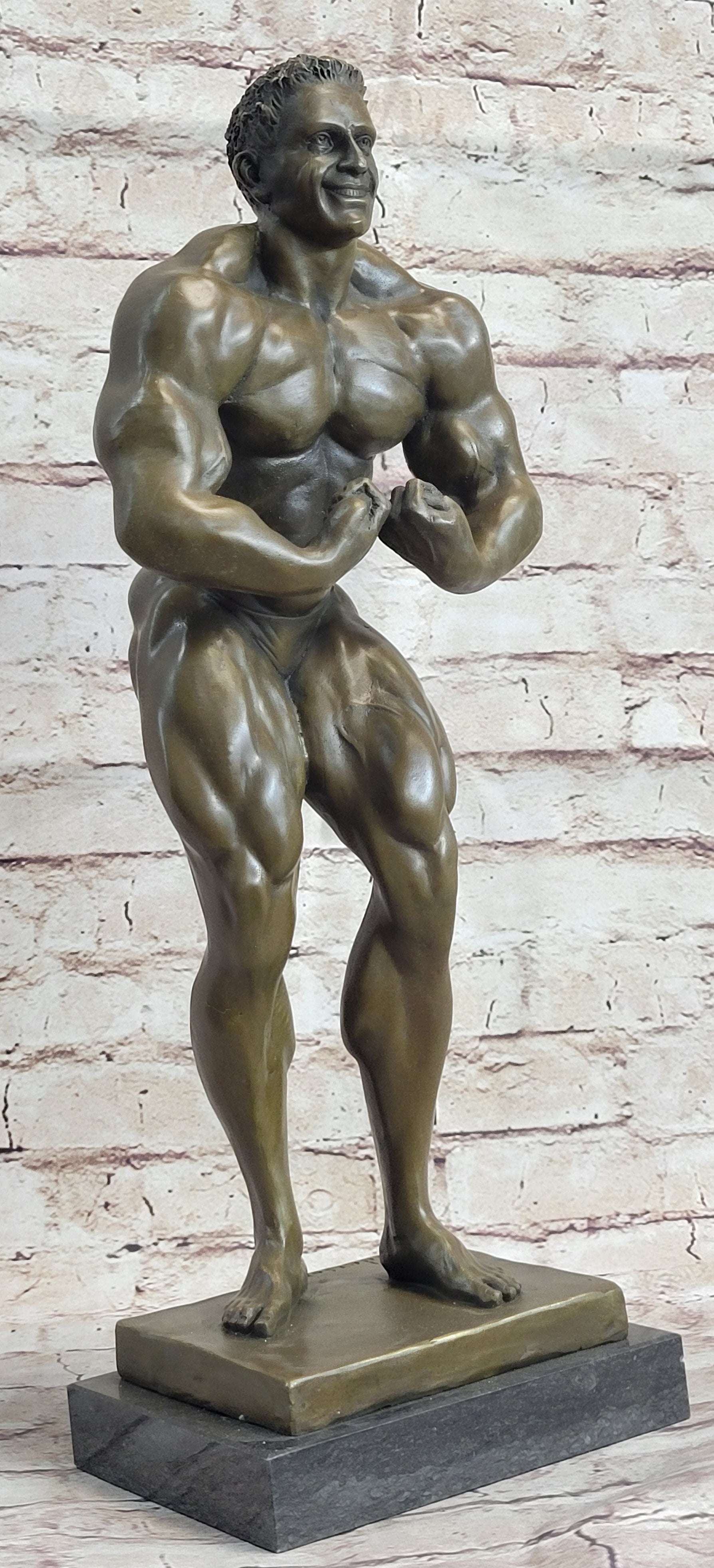 Nude Muscular Male Posing Bronze Sculpture Marble