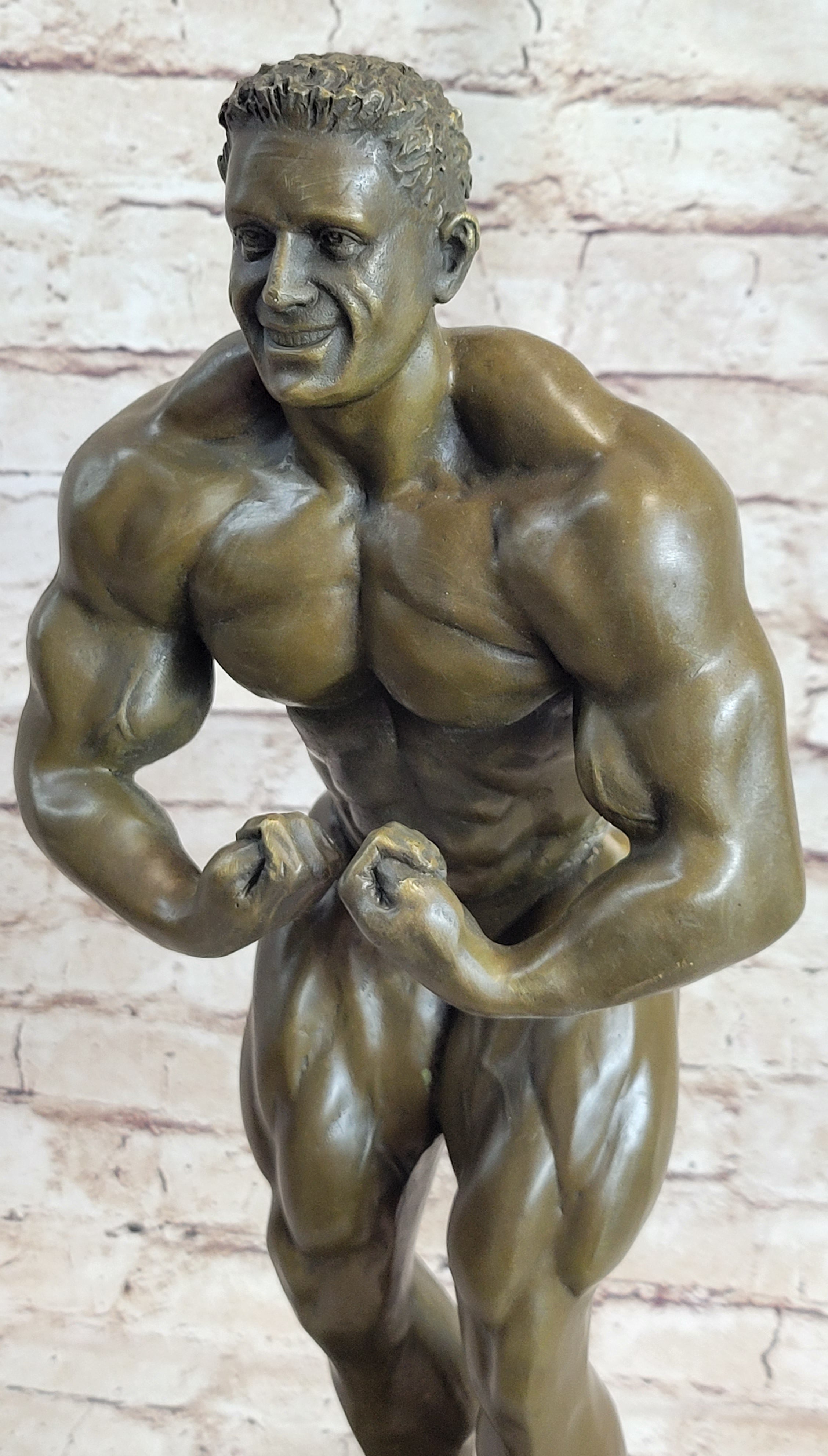 Nude Muscular Male Posing Bronze Sculpture Marble