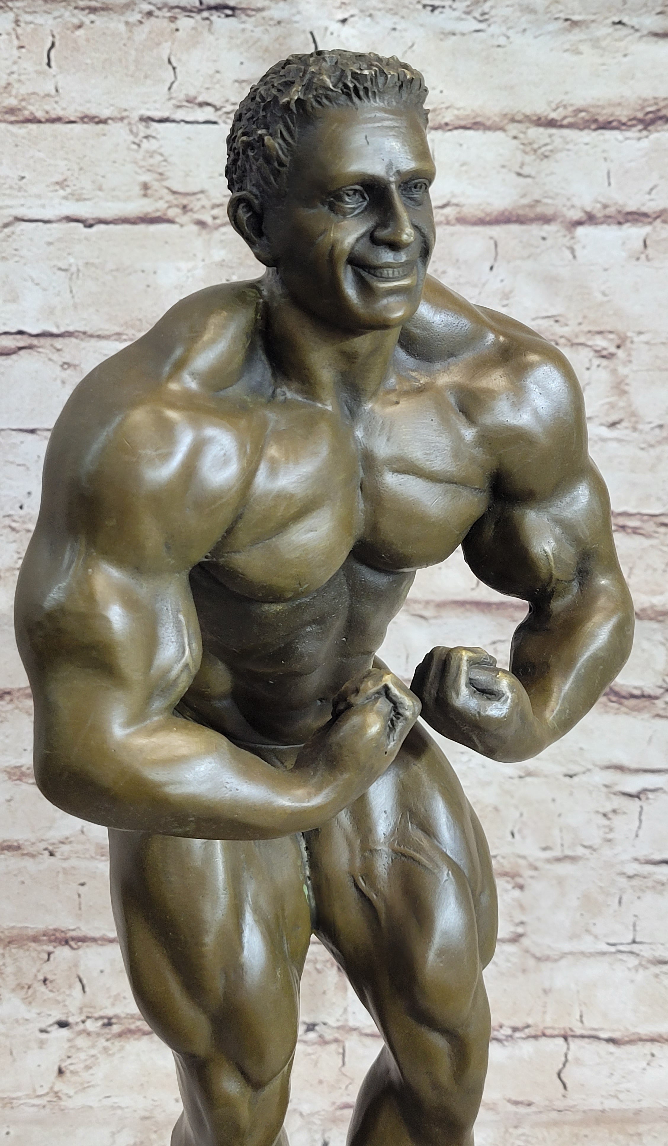 Nude Muscular Male Posing Bronze Sculpture Marble