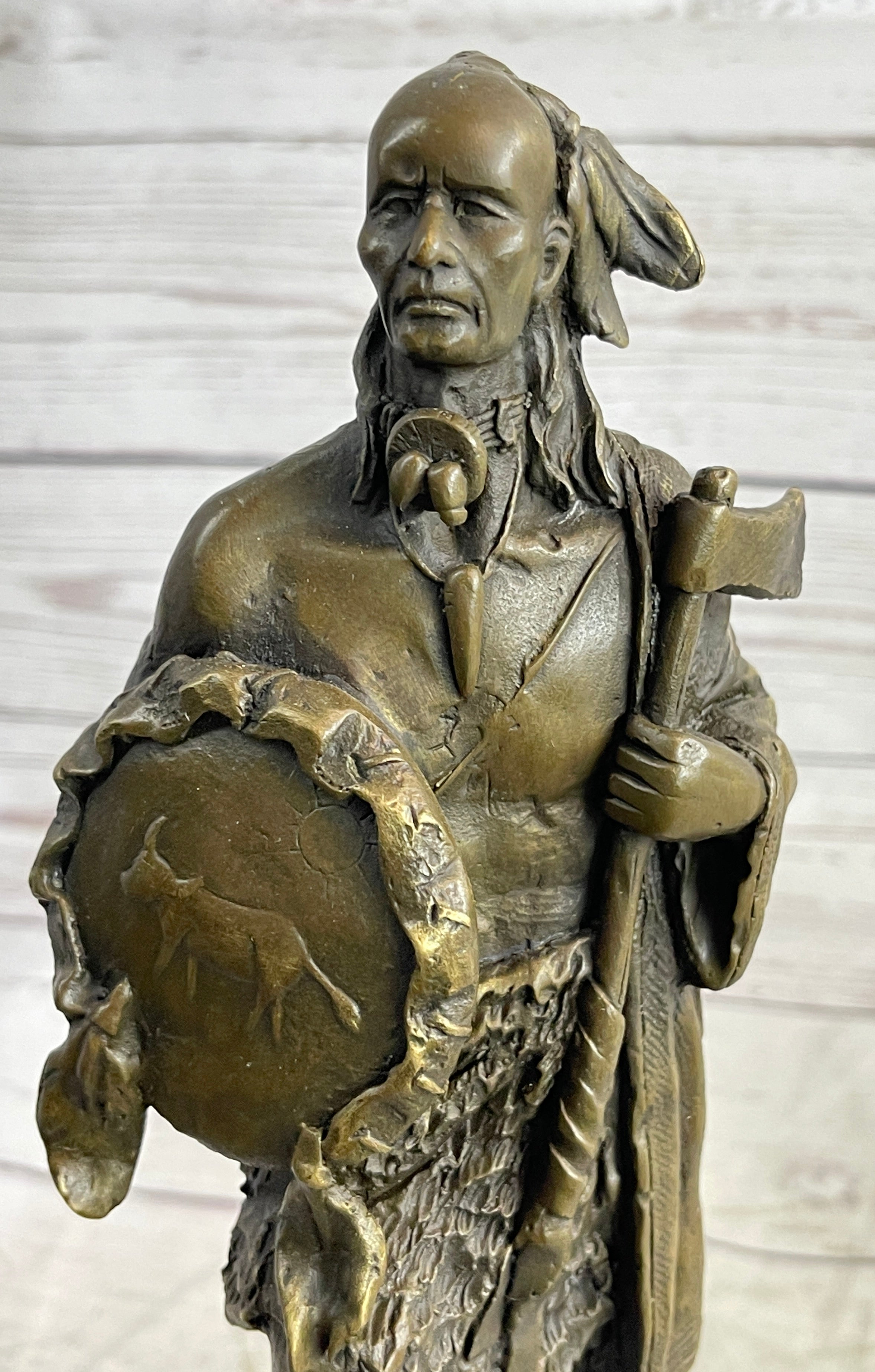 Native American Warrior w/ Tomahawk Bronze Sculpture