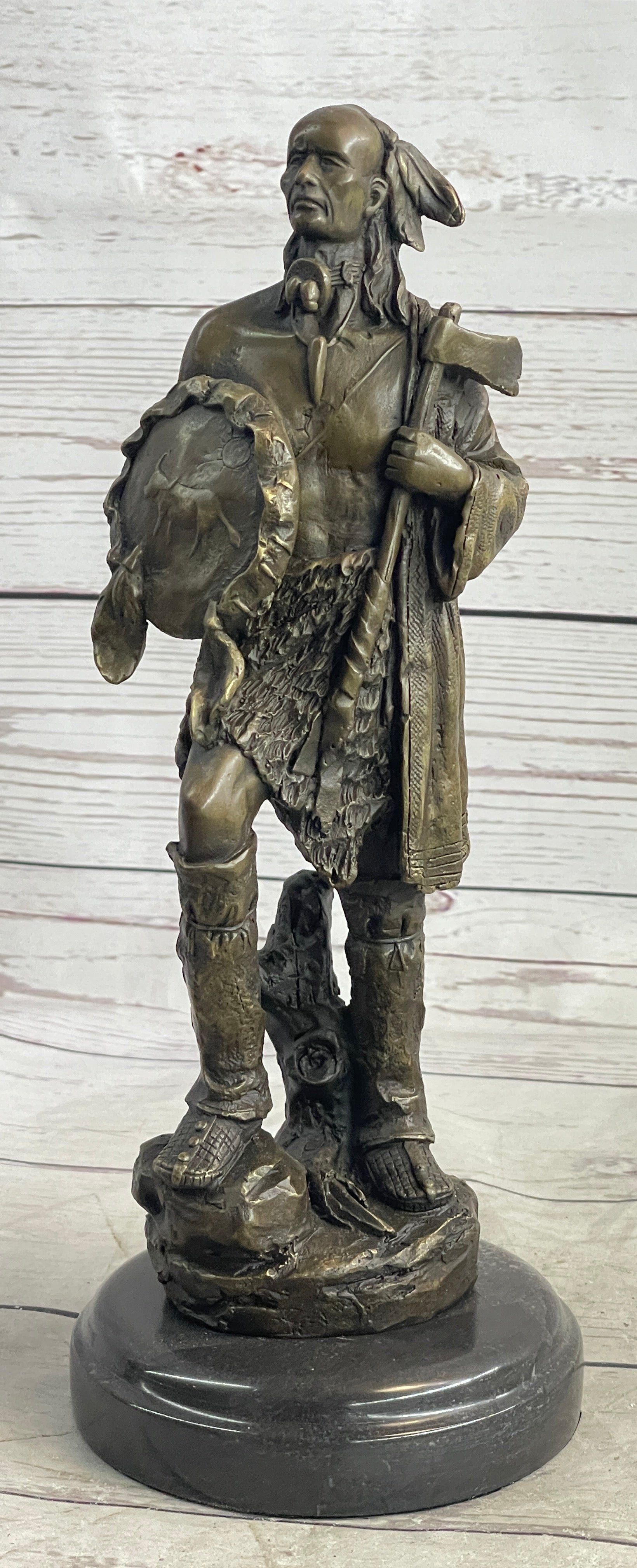 Native American Warrior w/ Tomahawk Bronze Sculpture