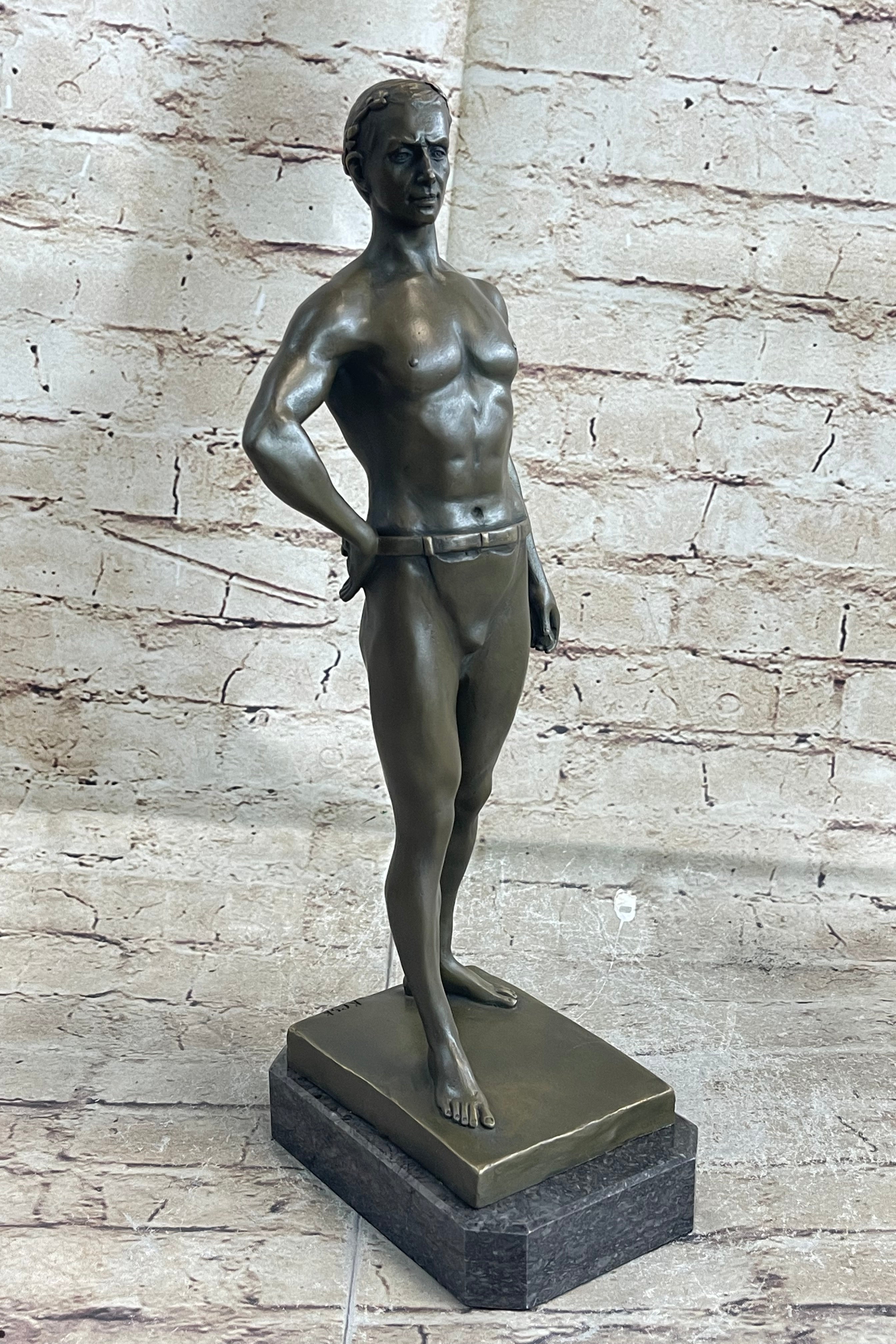 Muscular Male Figure in Loin Cloth Bronze Sculpture on Marble Base