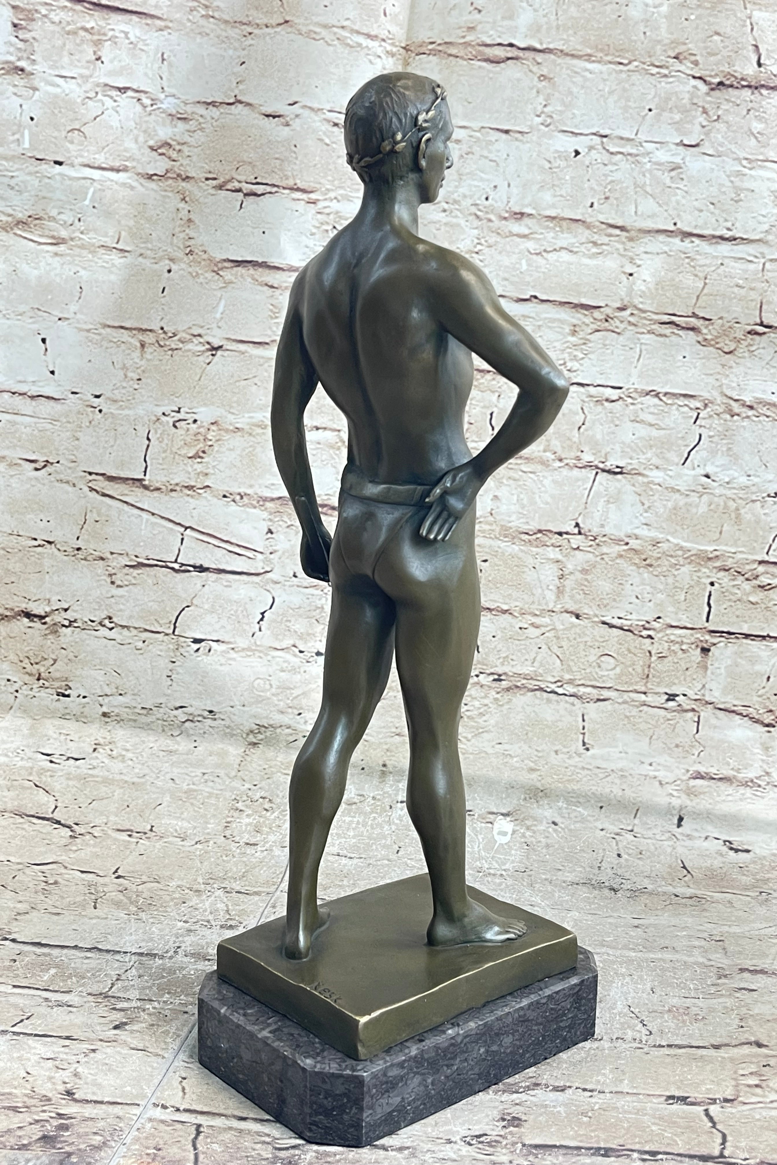Muscular Male Figure in Loin Cloth Bronze Sculpture on Marble Base
