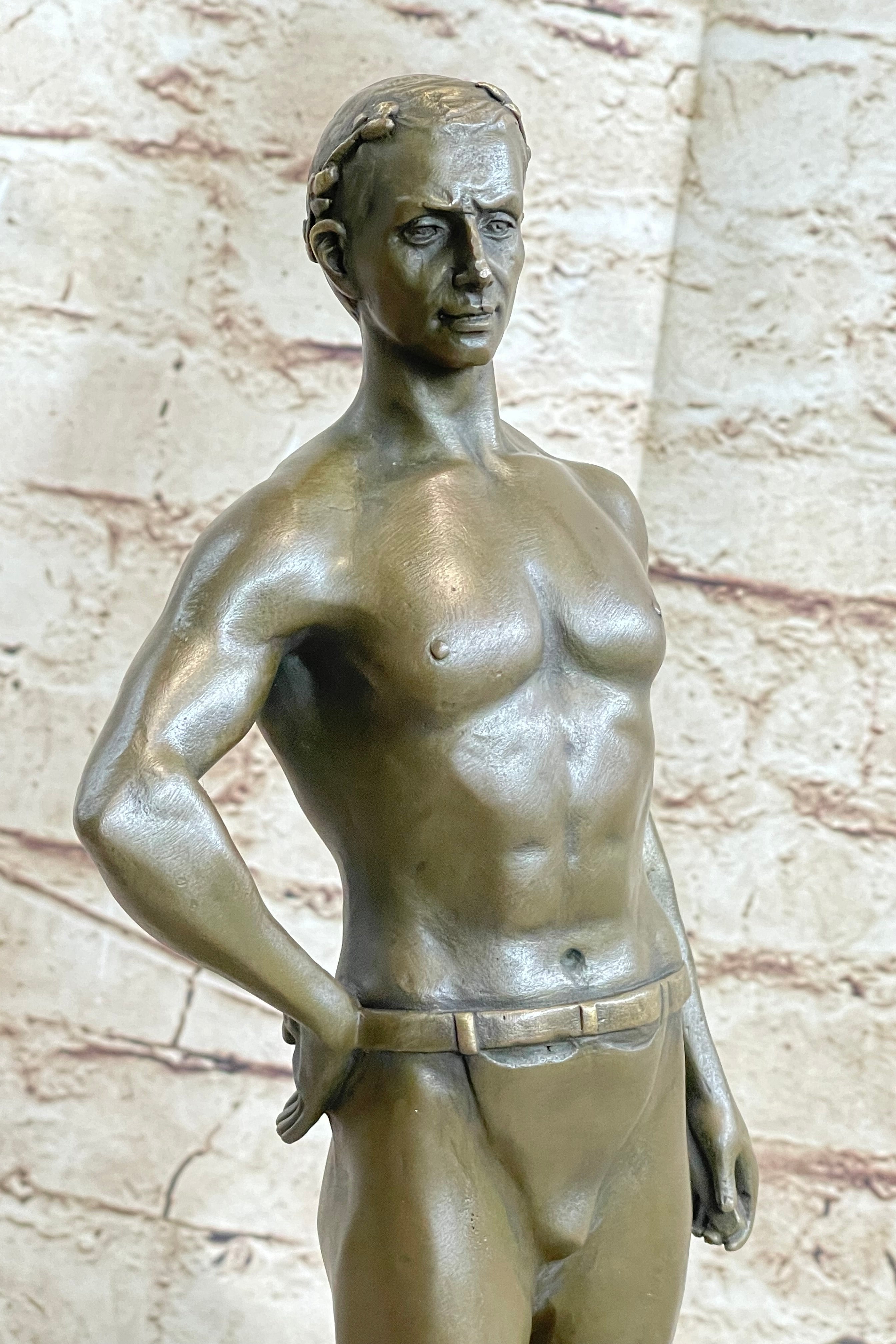 Muscular Male Figure in Loin Cloth Bronze Sculpture on Marble Base