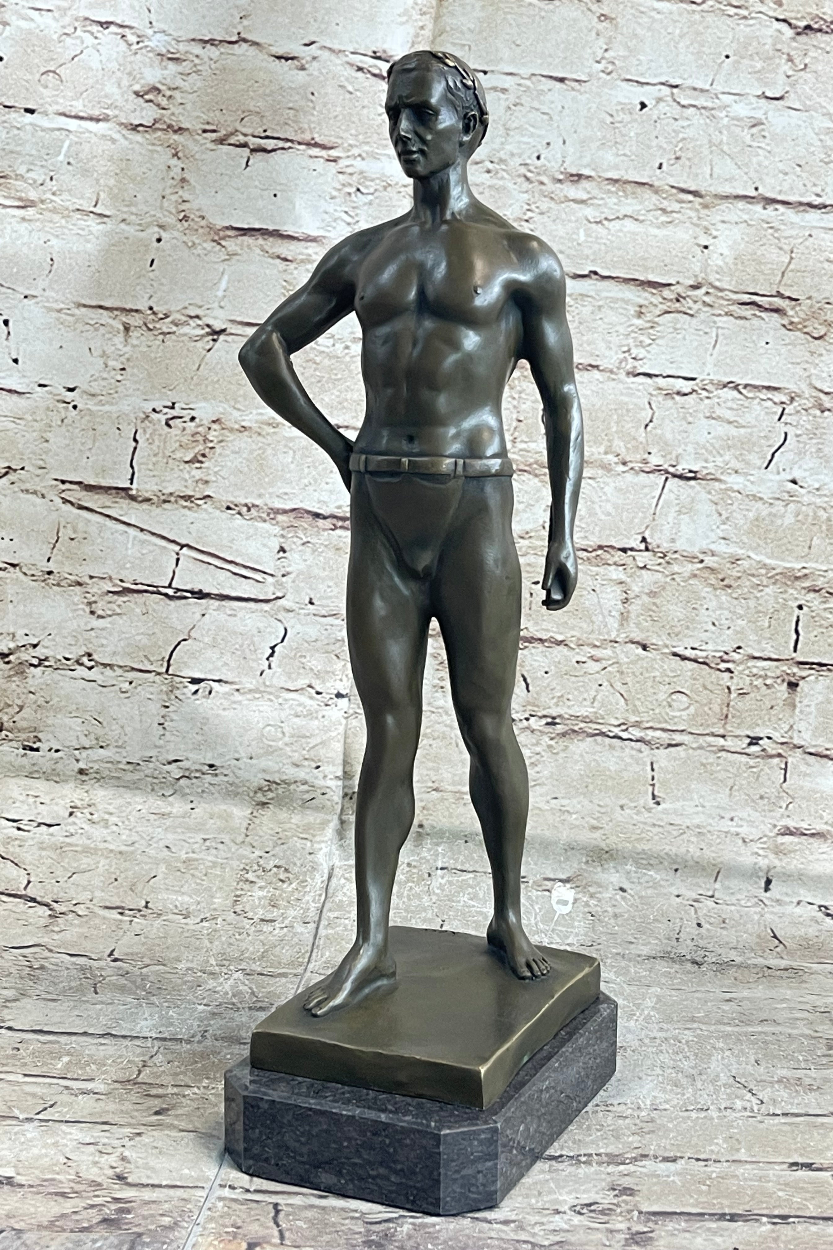 Muscular Male Figure in Loin Cloth Bronze Sculpture on Marble Base