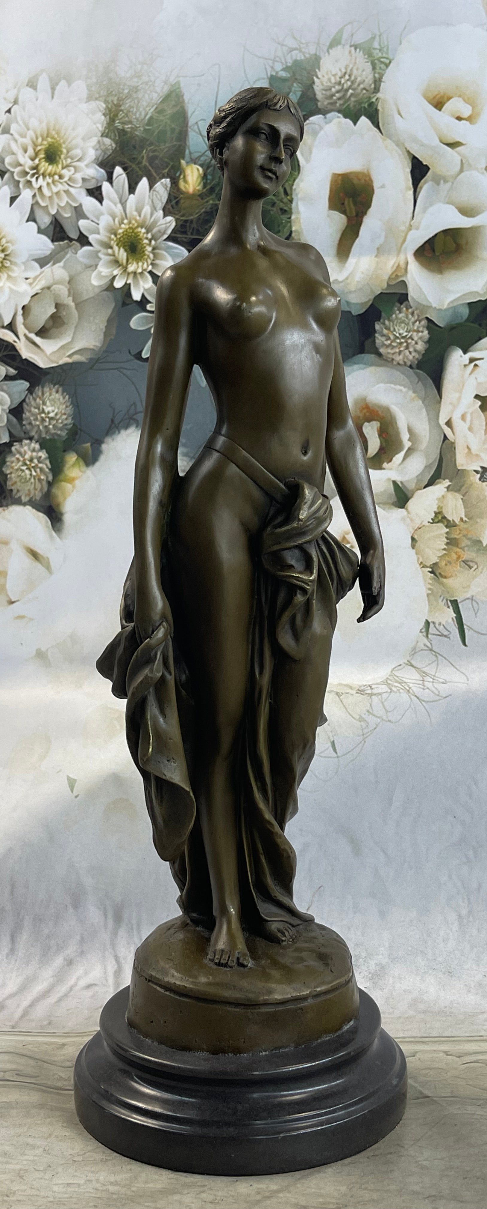 Nude Female Bronze Sculpture Figure of Woman Marble Base 17" x 6"
