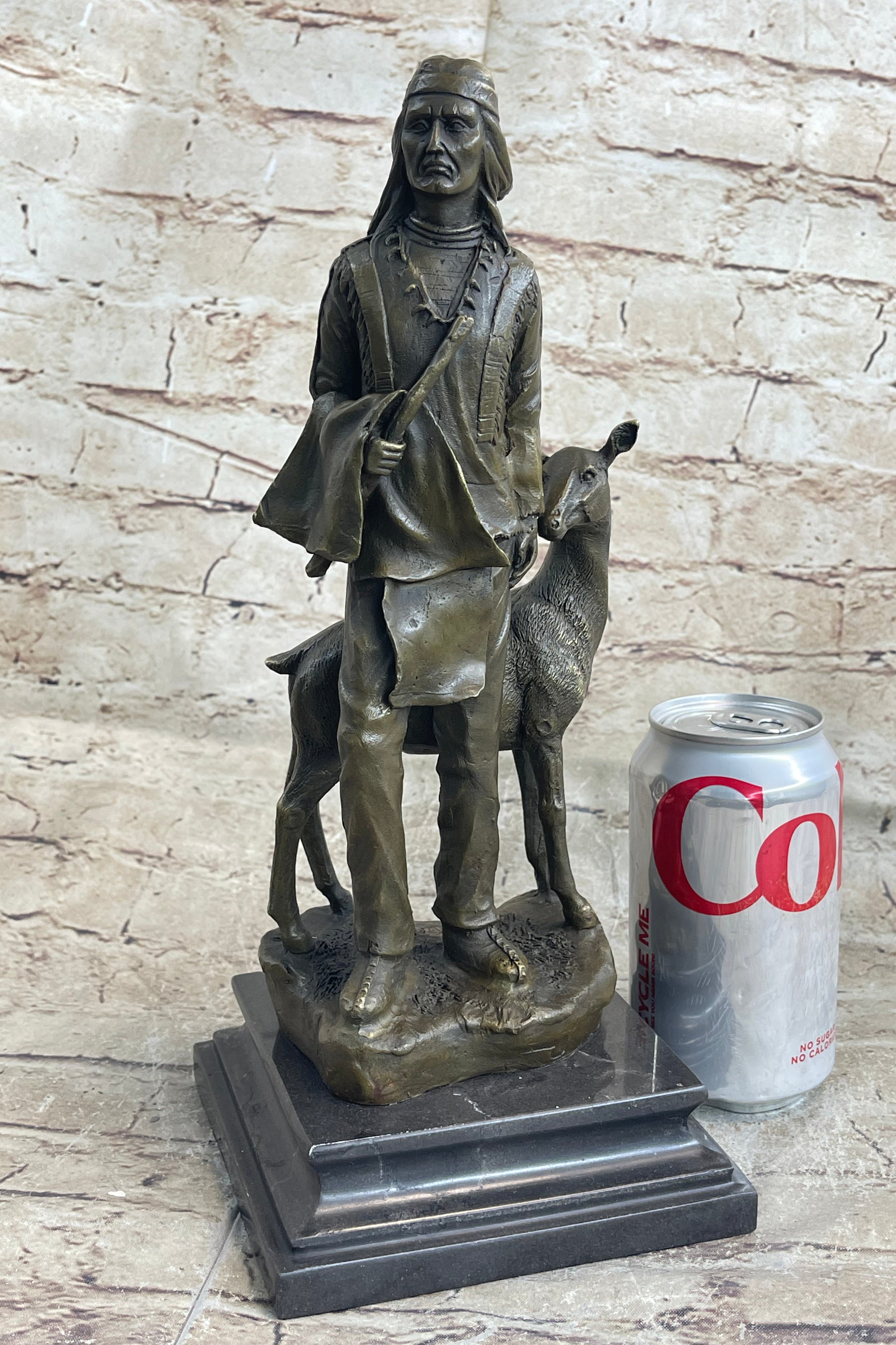 Native American Man w/ Deer Bronze Sculpture Signed 12" x 5"