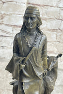 Native American Man w/ Deer Bronze Sculpture Signed 12" x 5"