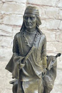 Native American Man w/ Deer Bronze Sculpture Signed 12" x 5"