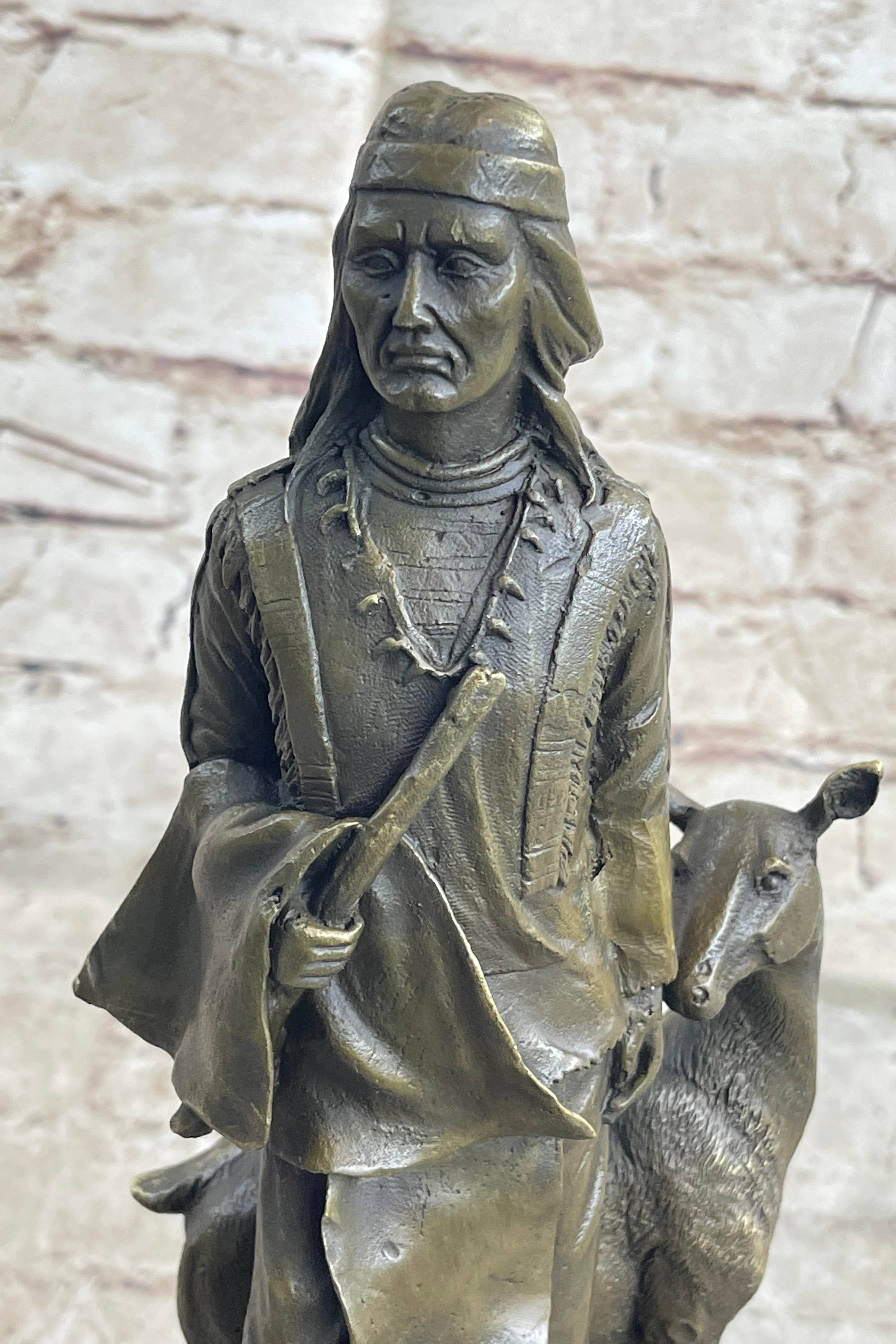 Native American Man w/ Deer Bronze Sculpture Signed 12" x 5"