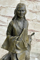 Native American Man w/ Deer Bronze Sculpture Signed 12" x 5"