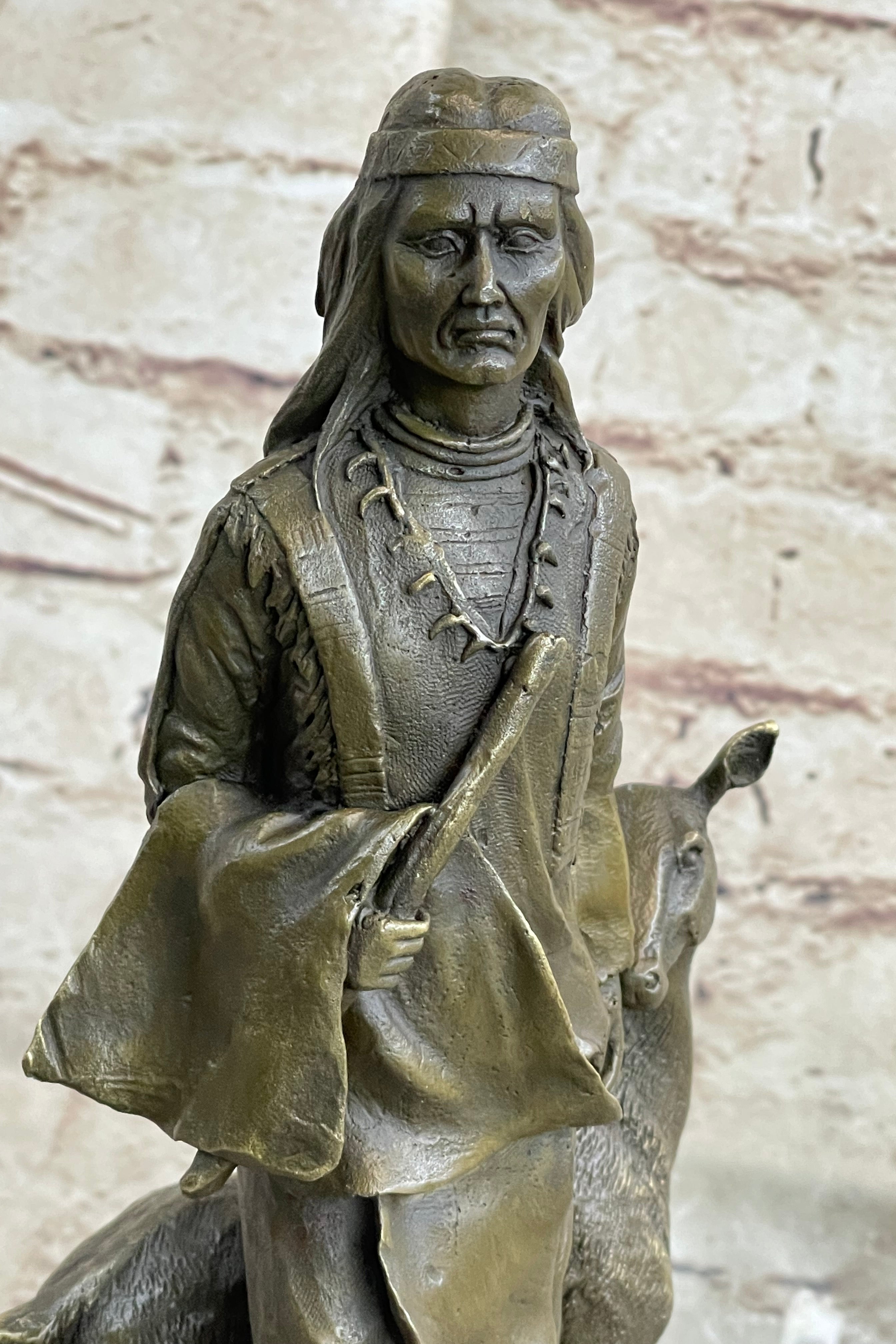 Native American Man w/ Deer Bronze Sculpture Signed 12" x 5"