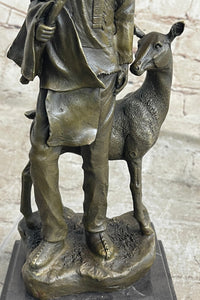 Native American Man w/ Deer Bronze Sculpture Signed 12" x 5"