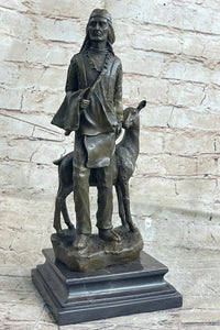 Native American Man w/ Deer Bronze Sculpture Signed 12" x 5"