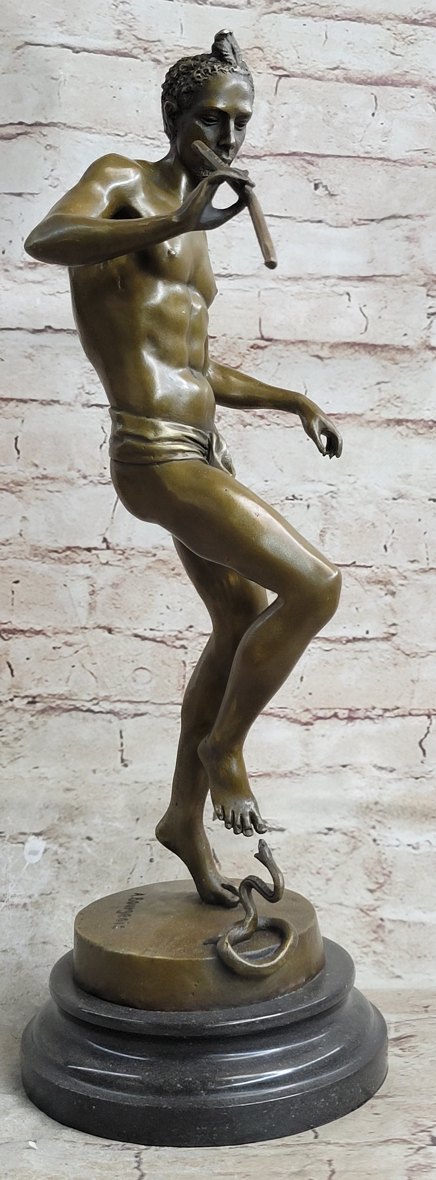 Signed Snake Charmer by Bourgeois Bronze Sculpture Marble Base
