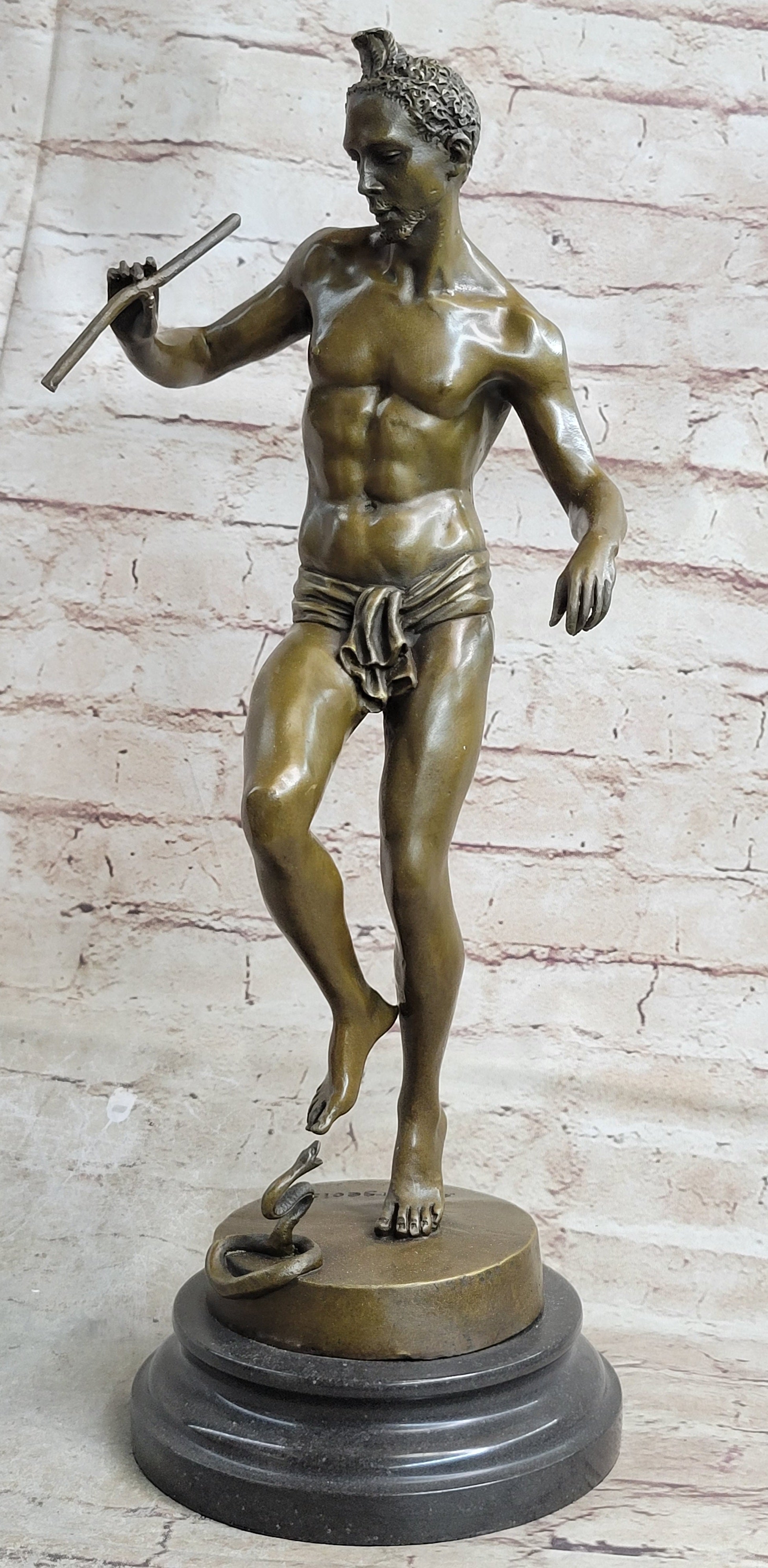 Signed Snake Charmer by Bourgeois Bronze Sculpture Marble Base