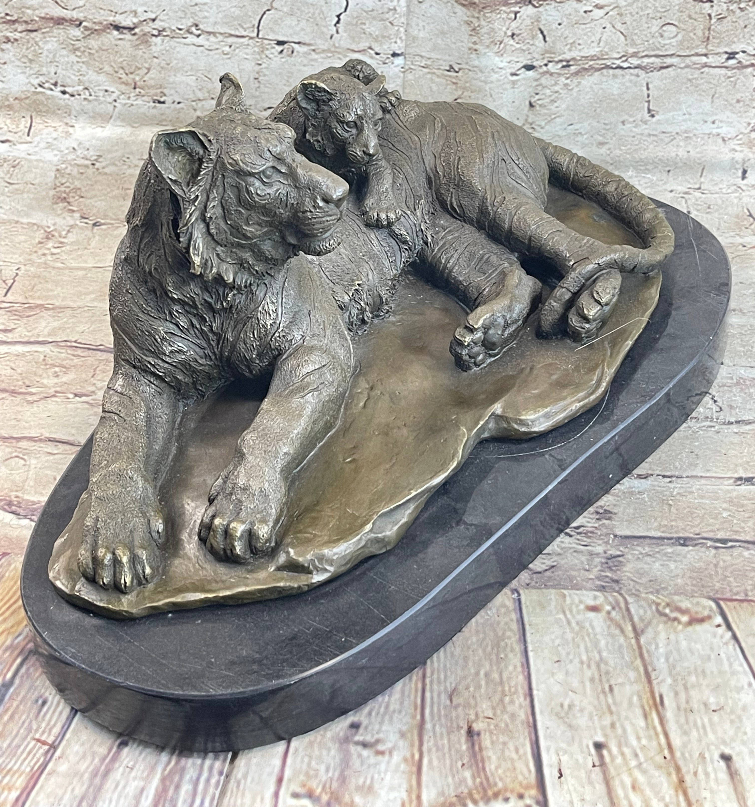Tiger Family Mother & Cub Bronze Sculpture 8" x 16"